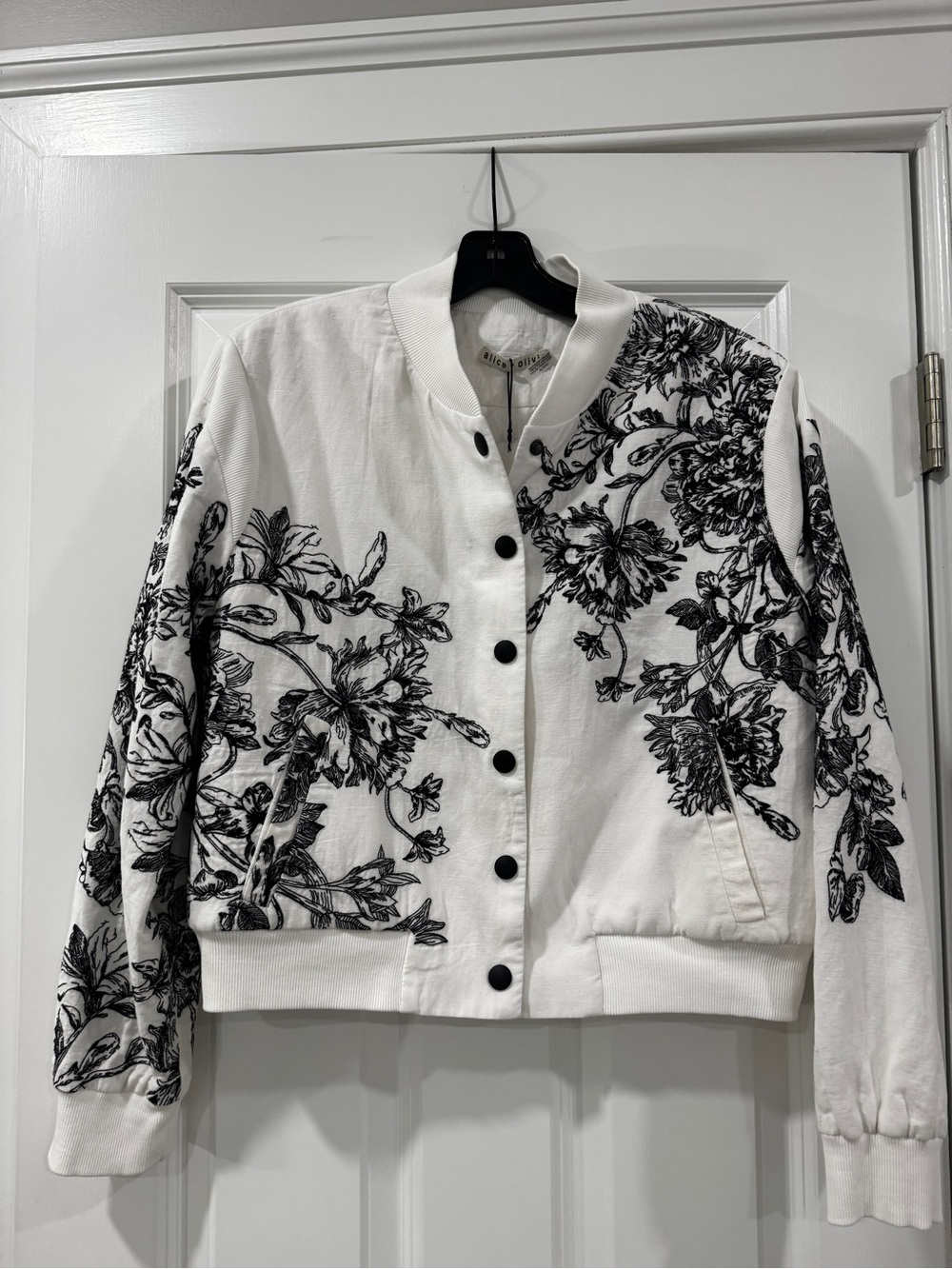 Alice + Olivia White Bomber Jacket with Black Floral Embroidery